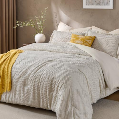 JOLLYVOGUE Full Size Comforter Set, Boho Tufted 3-Piece Bedding Set, Khaki