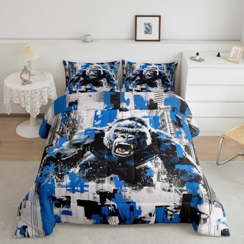 Ape Kids Comforter Set Full Size,Old World Monkey Vintage Jungle Creature Bedding Set,Girls Boys Room Decor,Graffiti Geometric Abstract Artwork Quilt Comforter,Modern Duvet Insert,2 Pillowcases