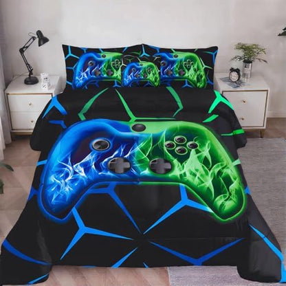 ZRNBAST Blue Green Gamer Comforter Set Full Size Boys Gaming Bed in a Bag