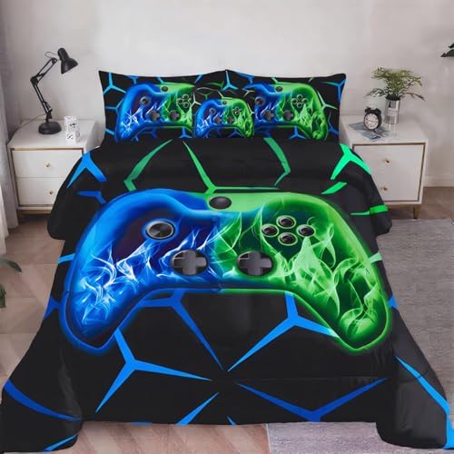 ZRNBAST Blue Green Gamer Comforter Set Queen Size Boys Gaming Bed in a Bag