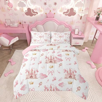 Feelyou Kids Pink Castle Duvet Insert Toddler Size, Cute Bowknot Comforter Set Boys Girls Girls Dreamy House Bedding Set Fairytale Teens Bedroom Decor Bed Set 2Pcs