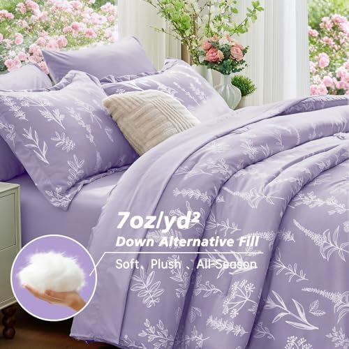MUXHOMO Lavender Purple Bed in a Bag Queen 7 Pieces, Queen Comforter Set Reversible Botanical Flowers Design, Ultra Soft & Breathable Bedding Sets with Comforter, Sheets, Pillowcases & Shams