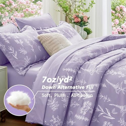 MUXHOMO Lavender Twin Comforter Set, Elegant Floral Print Bed in a Bag 5 Pieces, Ultra Soft & Breathable Reversible Botanical Pattern Bedding Set with Comforter, Sheets, Pillowcase, and Sham