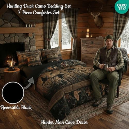 Erosebridal 7 Piece Camo Mallard Duck Comforter Set with Sheets for Kids Boys Men Rustic Farmhouse Cabin Bed in A Bag Queen,Hunting Woodland Duck Bedding Set Country Wood Board Animal Bed Set