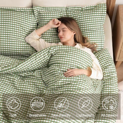 Twin XL Comforter Set, Fluffy Green Gingham Plaid Bedding, 3 Pieces