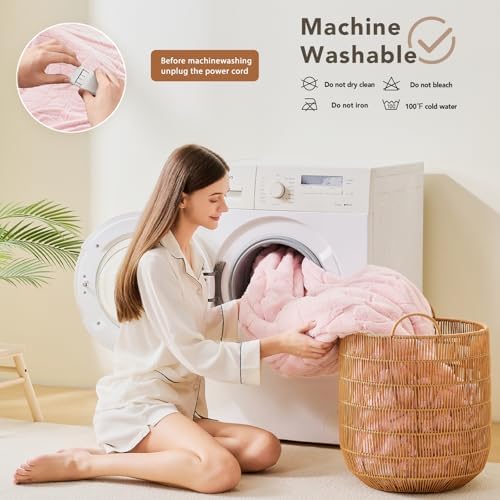 Heated Electric Blanket- Electric Throw Blanket 100"x90" for Bed- 5 Heating Levels& 4 Hours Auto Off for Home Office - Soft Faux Fur for Full Body(Pink)