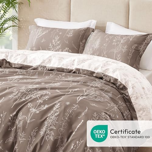 Love's cabin Light Taupe Comforter Set Queen - Queen Size Comforter Set, 3 Pieces Cute Floral Bedding Sets for All Seasons,1 Soft Reversible Botanical Flowers Comforter and 2 Pillow Shams