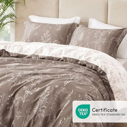 Love's cabin Light Taupe Comforter Set King - King Size Comforter Set, 3 Pieces Cute Floral Bedding Sets for All Seasons,1 Soft Reversible Botanical Flowers Comforter and 2 Pillow Shams