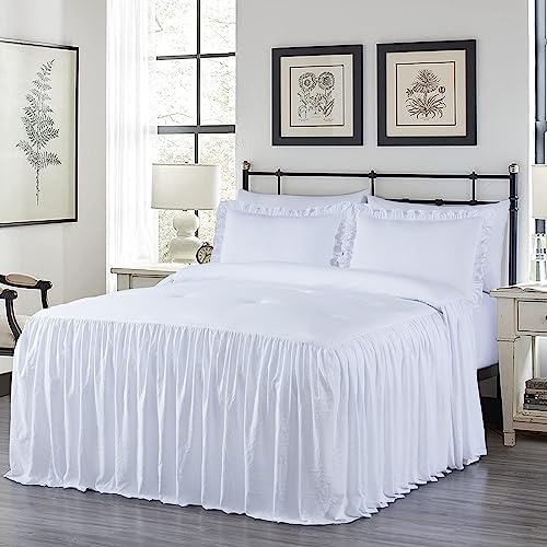 Chezmoi Collection Sinclair 3-Piece Ruffle Skirt Bedspread Set - French Country Chic Farmhouse - Full, White