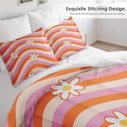 Pamnest Comforter Set Full Size, Daisy Retro Orange Soft 3 Pcs Bedding for Kids and Adults, Pink Hippie Aesthetic Comforter Set with 2 Pillowcases, for Bedroom Bed Decor