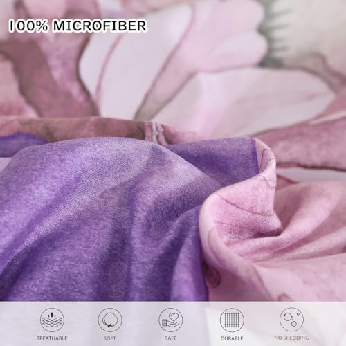 Yogeneg King Size Comforter Set 7 Piece Bed in a Bag,Elegant Floral Botanical Pattern Purple Bedding Set,Soft Microfiber Comforter with Sheet Set,All Season Bed Set(Purple Floral,King)