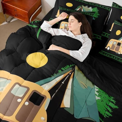 Erosebridal Camper Decor Teens Comforter Set with Sheets Happy Camping 7 Piece Bedding Set Rustic Farmhouse Bed in A Bag Twin Size Bonfire Rv Travel Trailer Bed Sets for Kids Boys Adult, Black Green