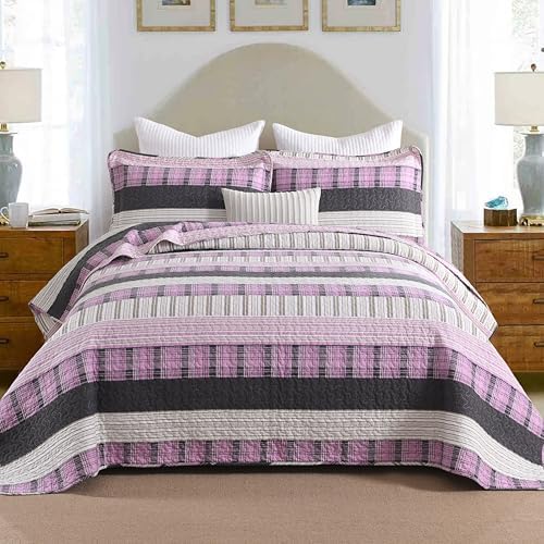 Homzard 100% Cotton King Quilt Bedding Set, Pink Black Striped Plaid King Size Quilt，Lightweight Breathable Vintage Bedspread Set,Reversible Comforter Coverlet Four Season 3 Pieces Bed Set