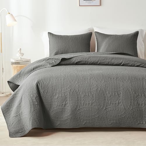 akkialla Dark Grey King/Cal King Quilt Set, Ultrasonic Lightweight Bedspread Coverlet for Modern Minimalist Bedroom, Soft Microfiber Coin Pattern Bedding, 3-Piece (1 Quilt, 2 Pillow Shams)