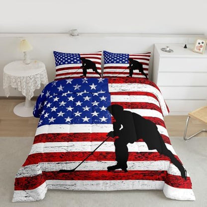 Erosebridal American Flag Comforter Set King, Hockey Bedding Set United States Sports Games Down Comforter for Kids Boys Teens Bedroom, Red White Geometric Stripes Duvet Sets with 2 Pillowcases