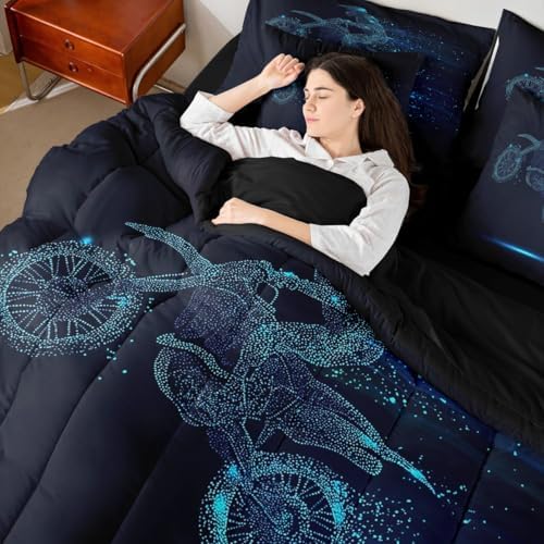 Erosebridal Boy Dirt Bike Comforter Set Motocross Rider Bed in A Bag Full Size 7 Pieces Motorbike Sport Game Bed Set Room Decor Motorcycle Bedding with Sheets