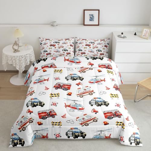 Feelyou Police Car Comforter Set Queen Size Red Fire Truck Bedding Set for Kids Boys Girls Airplane Duvet Quilt Bedroom Decor Microfiber 3 Pcs with 2 Pillow Cases