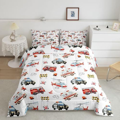 Feelyou Police Car Comforter Set Queen Size Red Fire Truck Bedding Set for Kids Boys Girls Airplane Duvet Quilt Bedroom Decor Microfiber 3 Pcs with 2 Pillow Cases