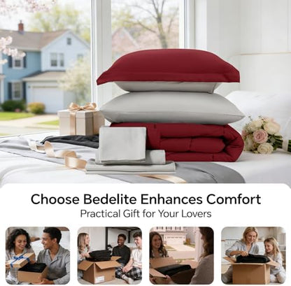 BEDELITE Twin Comforter Set 5 Pieces, Reversible Dark Red Bed in A Bag