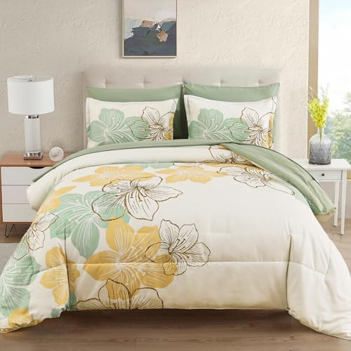 Luxudecor Sage Green Floral Comforter Set Queen Size, 7 Pieces Bed in a Bag Gold Glitter Metallic Comforter and Sheet Set, Soft Microfiber Complete Bedding Sets for All Seasons