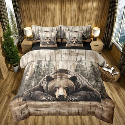 Erosebridal 7 Pcs Grizzly Bear Bedding Set Full Hunting Wild Animal Comforter Set Rustic Farmhouse Cabin Bed in a Bag Western Country Quilt with Flat Fitted Sheet Vintage Forest Wildlife Room Decor