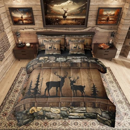 Erosebridal 7 Piece Hunting Deer Full Size Comforter Set Rustic Cabin Western Bedding Sets with Sheets | Woodland Wildlife Print Bed in A Bag for Kids Adults Farmhouse Wooden Stone Decor Bed Set