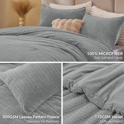 ChiXpace Fleece Twin Size Comforter Set Light Grey, Fluffy Bed Set 2 Pieces