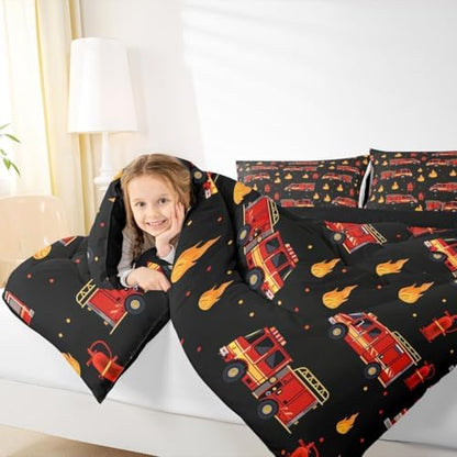 Erosebridal Fire Truck Bedding Set King for Boys, Cartoon Red Firemen Car Comforter Set for Firefighter Room Decor, Black and Red Comforter, Fire Engine Quilt with 2 Pillowcase, 3 Pcs