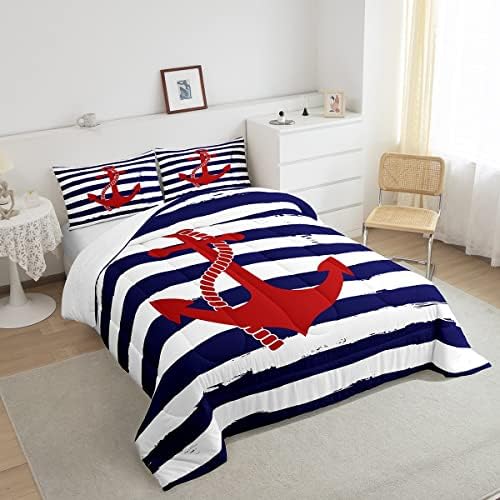 Geometric Stripes Comforter Set Twin Size,Nautical Anchor Bedding Sets 2Pcs Kids Boys Bedroom Decor 1 Pillowcase Ocean Adventure Theme Quilted Duvet Modern Navy Blue Red Bedspread Comforter
