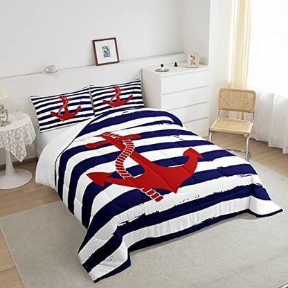 Castle Fairy Kids Nautical Anchor Comforter Set Full Size,Navy Blue Stripes Bedding Sets 3pcs Ocean Adventure Theme Quilted Duvet for Teens Men Bedroom Decoration,Modern with 2 Pillowcases