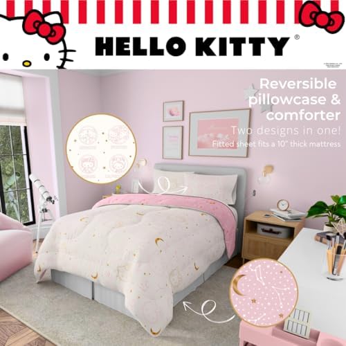 Lux Hello Kitty Velvet Bedding 7 Piece Super Soft Cozy Reversible Comforter and Sheet Set with Sham & Tote Bag, Queen, (Officially Licensed Product) By Franco