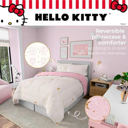 Lux Hello Kitty Velvet Bedding 7 Piece Super Soft Cozy Reversible Comforter and Sheet Set with Sham & Tote Bag, Queen, (Officially Licensed Product) By Franco