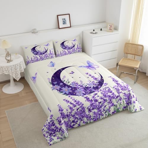 Manfei Lavender Comforter Set Full Size, Purple Moon Butterfly Print Bedding Set 3pcs for Kids Girls Bedroom Decor, Botanical Floral Quilt Set Boho Flower Duvet Set with 2 Pillowcases