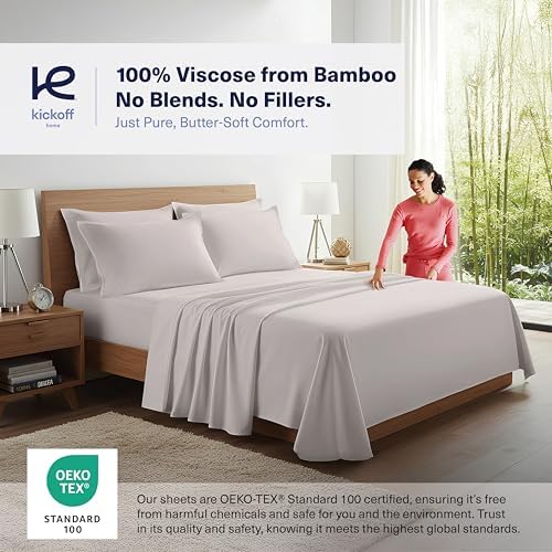 Kickoff Viscose Bamboo Sheets King Size 4-pc 100% Organic Bamboo Viscose Bed Cooling Sheets King Size Set Cool Bedding for hot Sleepers Sheet Set - Gift Ready Packaging (Light Grey,K)