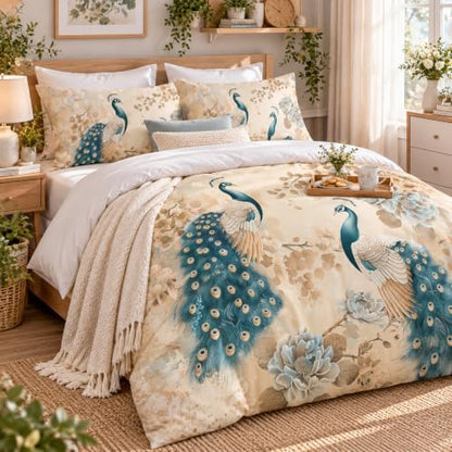 CCoutueChen Peacock Comforter Set Queen Size, Oriental Birds Floral Microfiber Bedding Set, Cozy Asian Bedroom Decor for Adult/Women