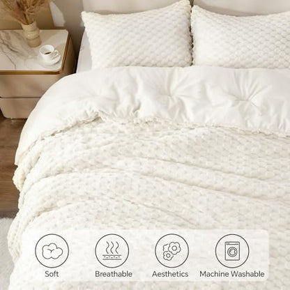 BEDELITE Fluffy King Comforter Set, White Ivory Fleece Bed Set 3 Pieces