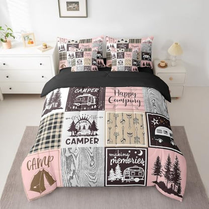 Erosebridal Girls Camping Twin Bed in A Bag 7 Piece,Pink Camper Kids Comforter Set with Sheets for Bunk,Rv Decor Bedding Comforter Sets for Travel Trailers Rustic Farmhouse Buffalo Plaid Bed Set