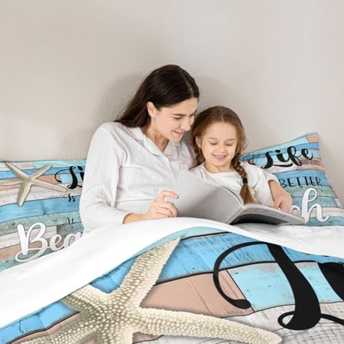 Beach Life Comforter Set Full Size,Cute Starfish Bedding Set 3pcs,Rustic Farmhouse Down Comforter for Kids Boys Girls Teens Room Decor,Retro Blue Wooden Plank Bed Set for All Season,2 Pillowcases