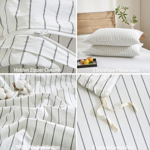 Striped Duvet Cover Set 100% Washed Cotton Linen Like Textured 3 Piece Bedding Set Comfy Breathable Lightweight (Full, Wide Stripe-White/Black)