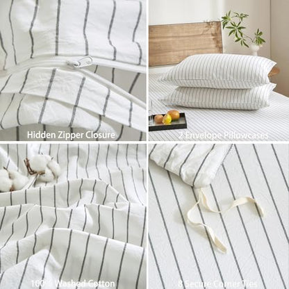 Striped Duvet Cover Set 100% Washed Cotton Linen Like Textured 3 Piece Bedding Set Comfy Breathable Lightweight (Full, Wide Stripe-White/Black)