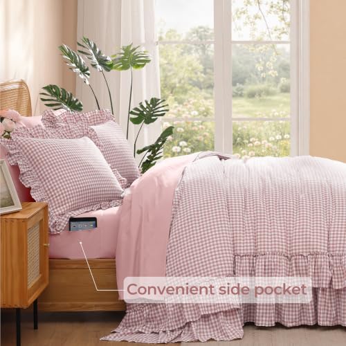 King Size Comforter Set Pink Gingham Ruffle 7 Pieces Farmhouse Bed in a Bag