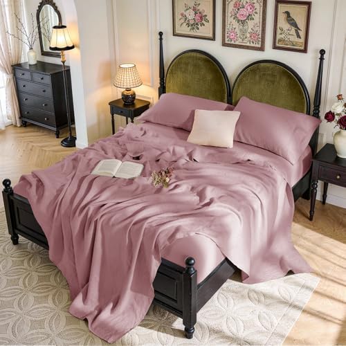 SONORO KATE 100% French Linen Queen Size Sheets Set,Natural Flax Bedding