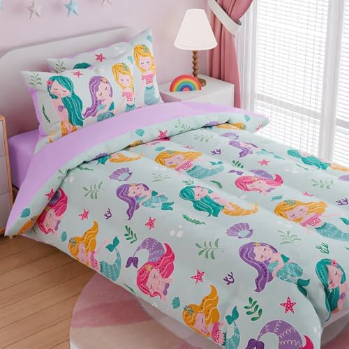 SANDJEST Mermaid Bedding Full for Girls, Ultra Soft Microfiber Comforter Set Full Size with 4-Pieces, Comforters Bed Sets for Kid Children Teen Tween Bedroom Decor