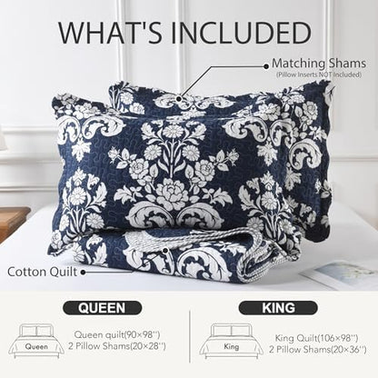 Quilts Queen Size - 100% Cotton Navy Blue Quilt with Shams, 90x98