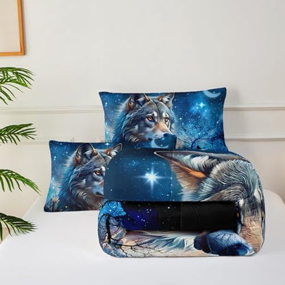 Wolf Comforter Set Full for Boys Girls,Wolf Night Moon Galaxy Bed Set,Woodland Wild Animals Theme Comforter Set with 2 Pillowcase,Rustic Blue Black Bedding Set for Bedroom Decor