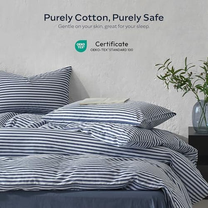 JELLYMONI 100% Cotton Printed Striped Queen Duvet Cover Set, Navy Blue