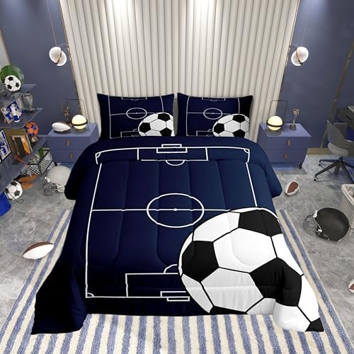Castle Fairy Boys Soccer Sports Theme Comforter/Duvet Set King Size,Football Ultra Soft Bed Collection,Football Court Blue White Bedding for Room Decor 3 Pcs,Microfiber Breathable