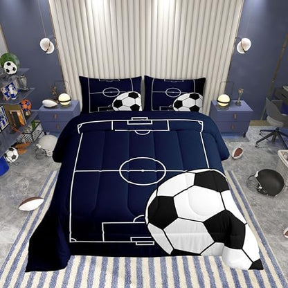 Castle Fairy Boys Soccer Sports Theme Comforter/Duvet Set King Size,Football Ultra Soft Bed Collection,Football Court Blue White Bedding for Room Decor 3 Pcs,Microfiber Breathable