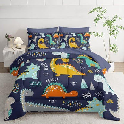 7Pcs Comforter Set Cartoon Dinosaur Printed Bedding Set with 1 Comforter, 1 Flat Sheet, 1 Fitted Sheet and 4 Pillowcases for Boys and Girls Bedroom All Season(Full)