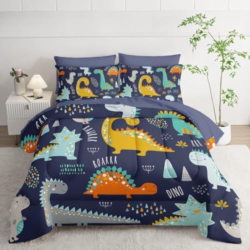 7Pcs Comforter Set Cartoon Dinosaur Printed Bedding Set with 1 Comforter, 1 Flat Sheet, 1 Fitted Sheet and 4 Pillowcases for Boys and Girls Bedroom All Season(Queen)